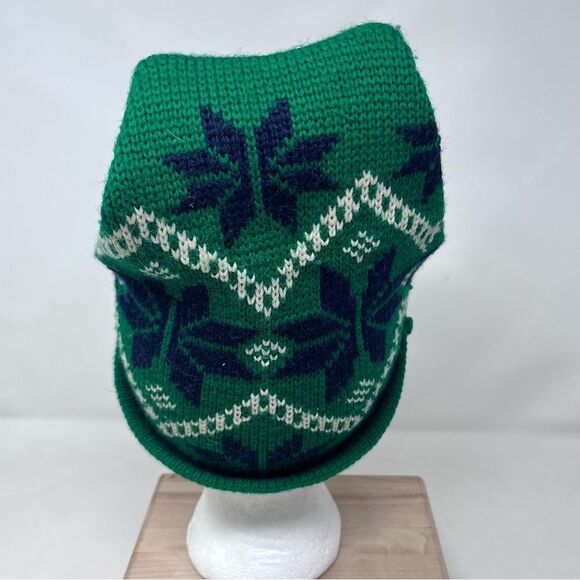 Hand Knit Green White Blue Fair Isle Hat OS Unisex - Picture 6 of 10